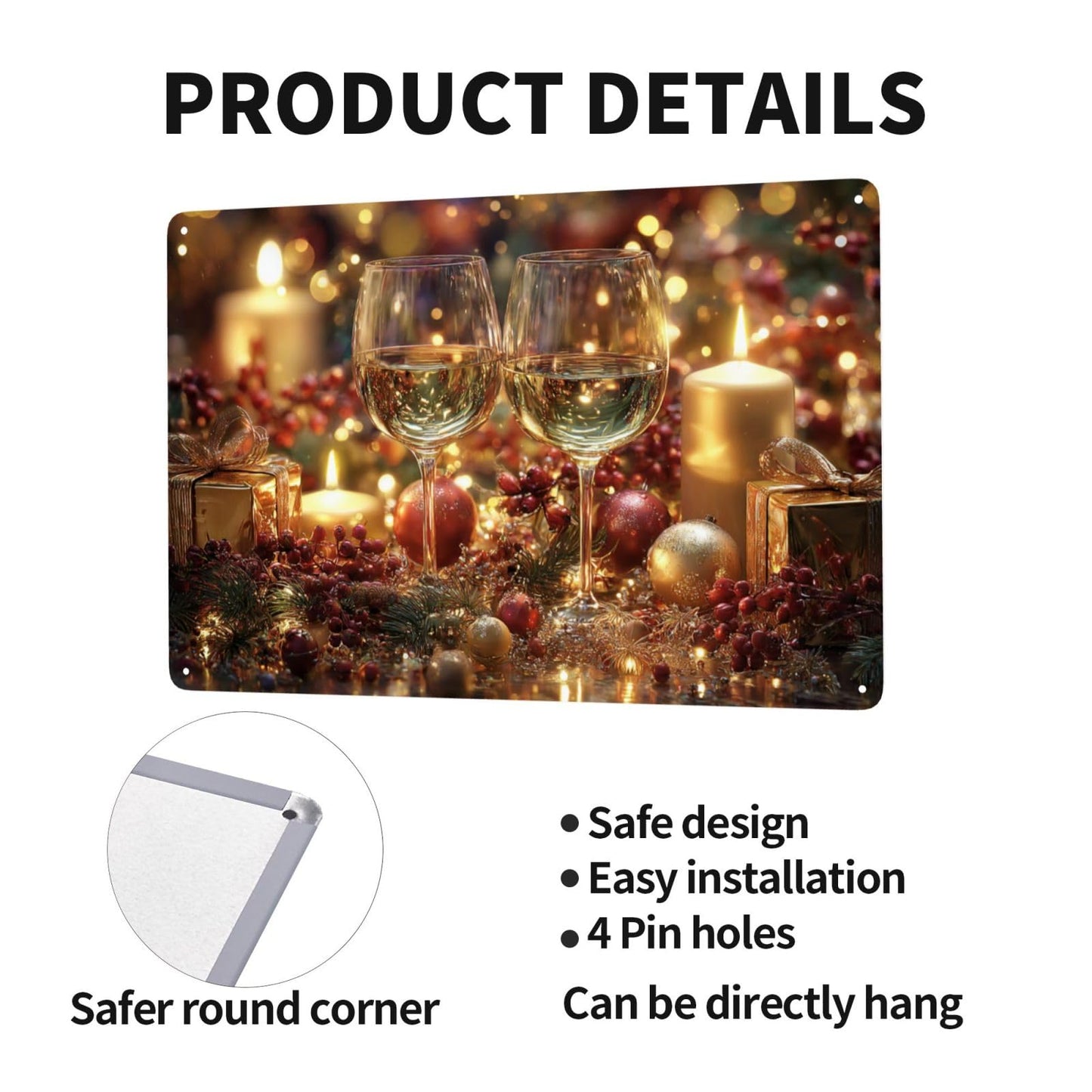 MA6GE8DE Festive Wine Glasses With Candles, Red Berries, Gold Gifts, Sparkling Bokeh,Metal Tin Plaque Sign, Ideal For Living Room And Kitchen Restaurant,Easy To Hang 6x8 Inch
