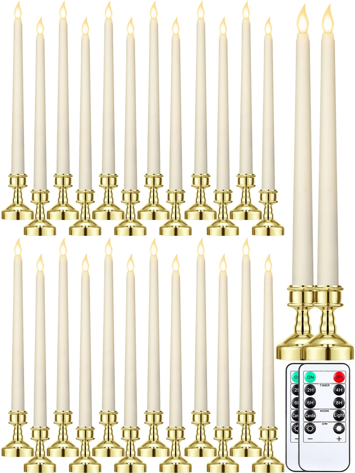 VIHOSE 24 Pcs Flameless Taper Candles with Holders Remote Timer Battery Operated Candles Bulk LED Candlesticks Flickering for Valentines Wedding Home Window Carnival Party Decor(Gold,Classic Style)