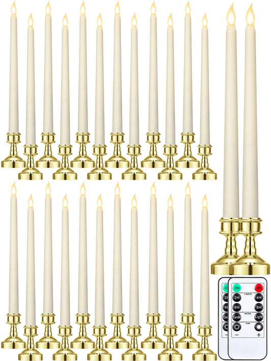 VIHOSE 24 Pcs Flameless Taper Candles with Holders Remote Timer Battery Operated Candles Bulk LED Candlesticks Flickering for Valentines Wedding Home Window Carnival Party Decor(Gold,Classic Style)