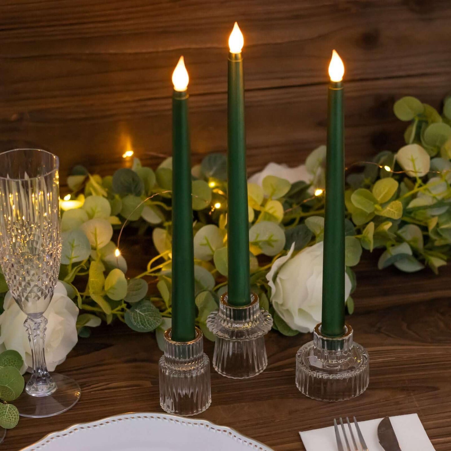 Efavormart Set of 3 | 11" Hunter Emerald Green Flameless LED Taper Candles, Warm Flickering Battery Operated Candles for Christmas & Forest Theme Decor