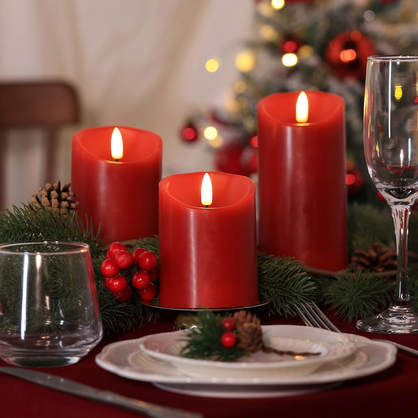 Battery Operated Candles, Real Wax Red LED Candle Flickering Flameless Candles with Remote, 3D Wick Fake Candles for Christmas, Thanksgiving, Home Decor, Party, Gifts, Set of 3, D3"x H4"/5"/6"