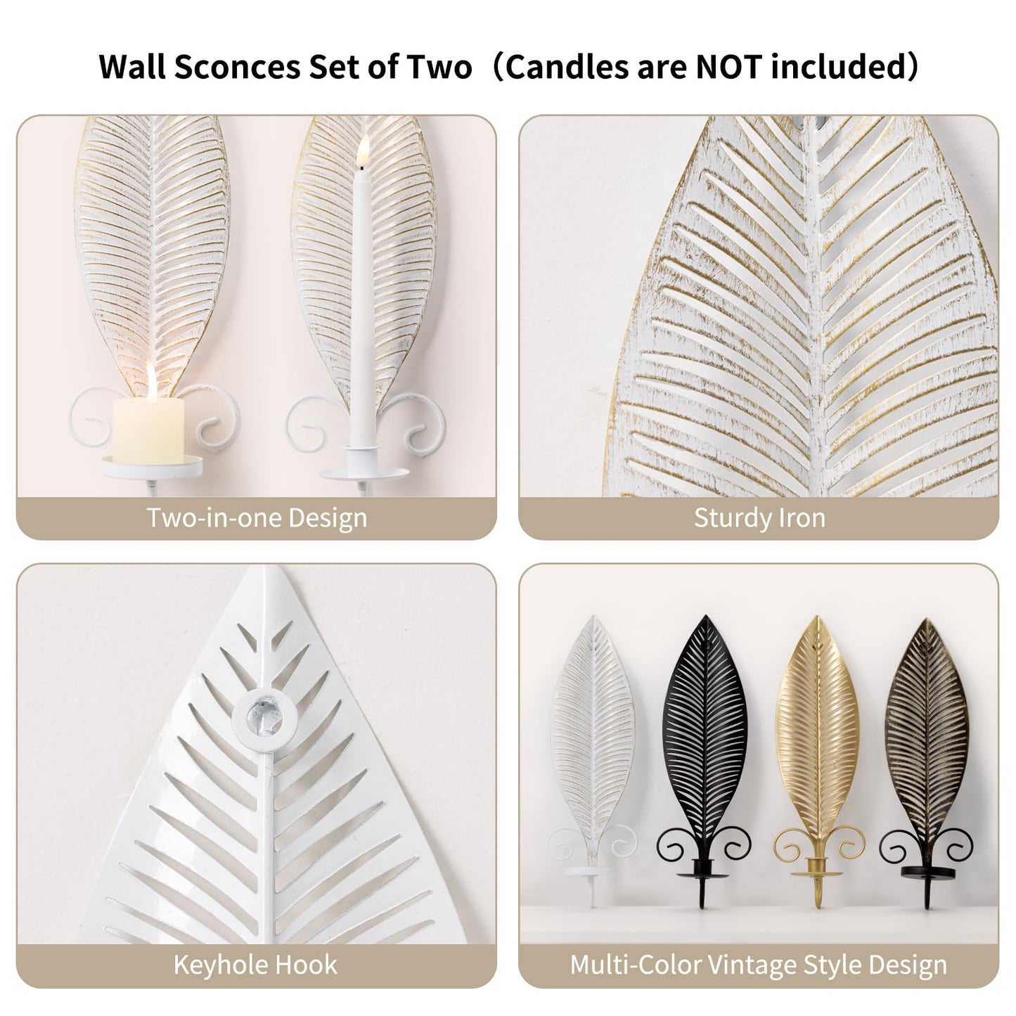 Wall Candle Holder Set of 2, Taper & Pillar Wall Iron Candelabra, Rustic Candle Holders Wall Décor Farmhouse Candle Sconces for Living Room Farmhouse Fireplace Wedding Washed Brown(Distressed White)