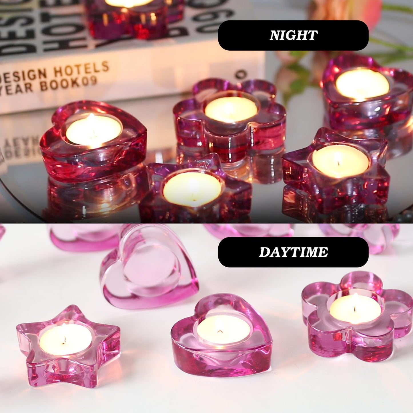 Pink Votive Candle Holders Set of 12 for Table Centerpiece(3 Sizes,Heart/Flower/Star) Tealight Candle Holders Bulk for Birthday Party,Wedding Dinning,Home Decor, Valentines Christmas Decoration(Pink)