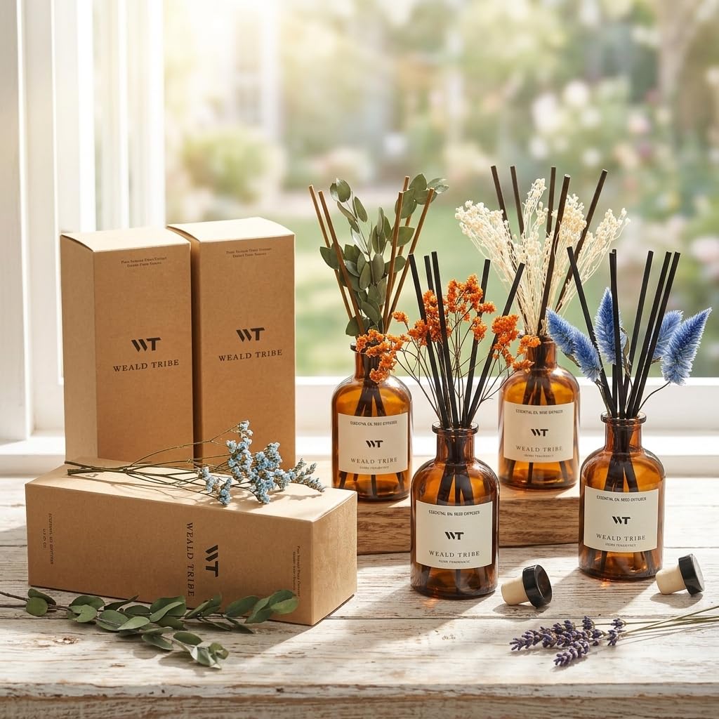 WEALD TRIBE Flower Reed Diffuser Set Eucalyptus & Lavender Scent For Bathroom Accessories Shelf Decor & Air Fresheners, Sticks Defusers With 4.0 fl oz Essential Oils, House Bedroom Office Decor & Gift