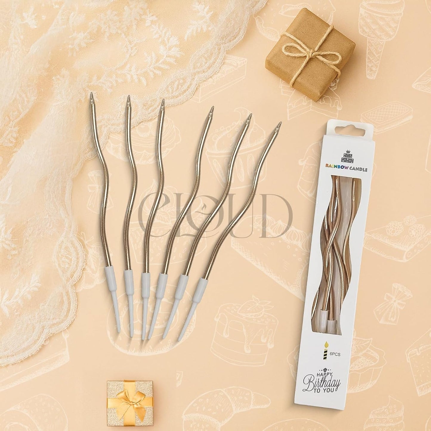 Cloud 48 PCS Metallic Gold Spiral Cake Candles with Holders, Long Twisty Curly Birthday Candles for Cake & Cupcake Decoration, Party Supplies