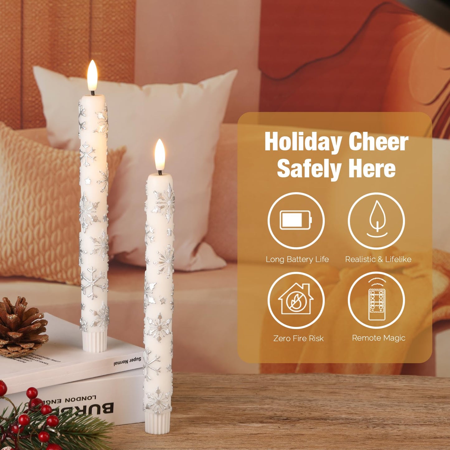 Eywamage White Snowflakes Christmas Flameless Taper Candles with Remote, Flickering LED Wax Candlesticks Set of 4