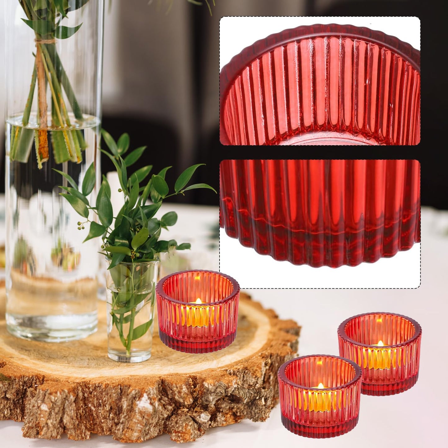 2 Pcs Tealight Candle Holder,Votive Candle Holders Glass Candle Holders Tea Lights Candle Holder for Table Centerpiece Decor Party&Home,Wedding Deco (Red)