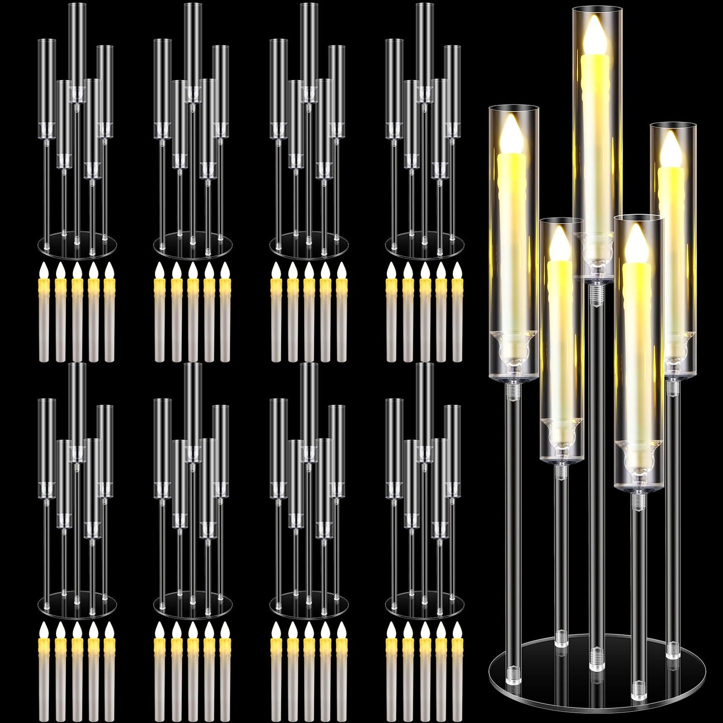 FoldTier 8 Sets 5 Arm Acrylic Candelabra Holder for Wedding Table Centerpiece 27inch Tall Floor Clear Candle Centerpieces with LED Candles and Shade for Proposal Ceremony Birthday Party Home Decor