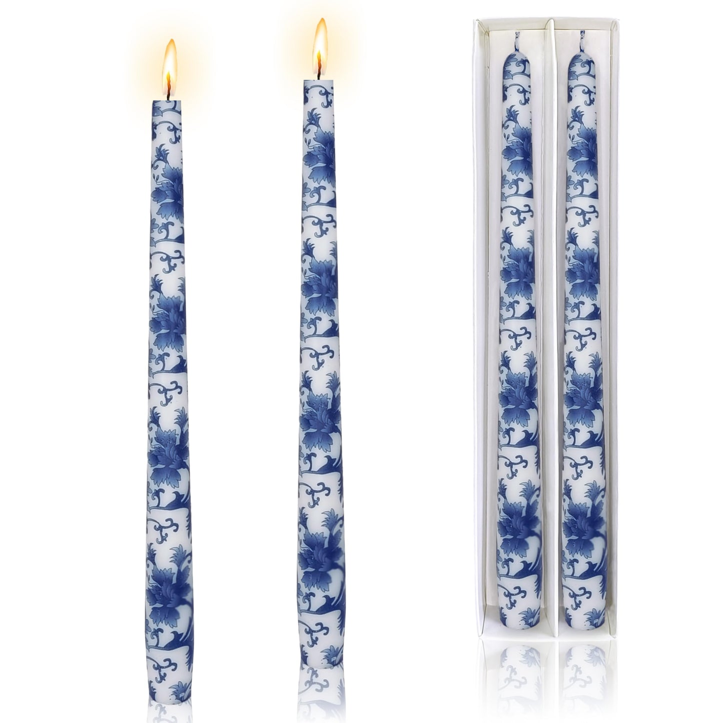 Blue and White Printed Candles Unscented Candlesticks 10 inch Hight Candle 2 PCS Handmade Taper Candle for Home Wedding Dinner Holiday Party