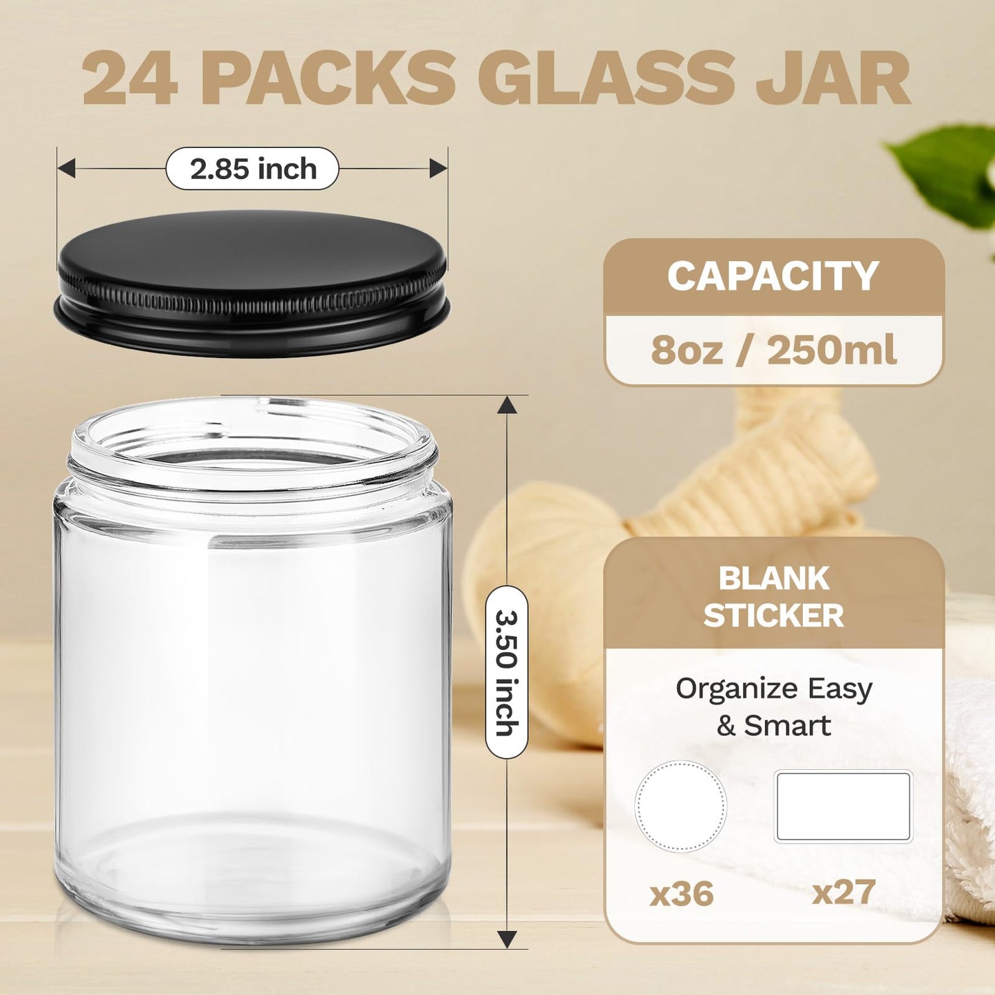 Bumobum 24 Pack 8 oz Glass Candle Jars for Making Candle, Thick Clear Glass Jars with Metal Lids, Bulk Empty Small Food Storage Containers for Spice, Powder, Lotions – Leak-Proof