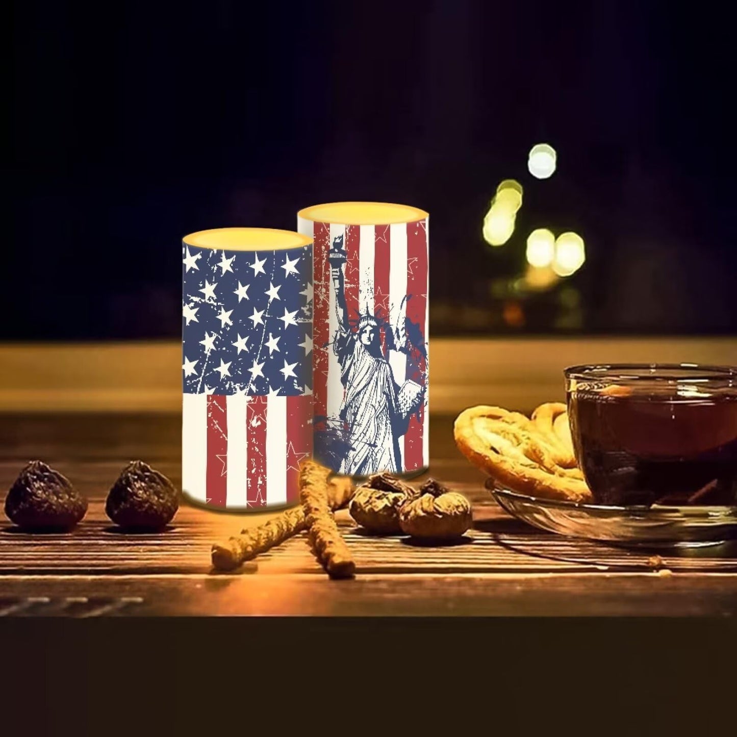 NETILGEN American Flag Statue of Liberty Set of 2 Flameless Candles LED Battery Operated Candles with Realistic July 4th Independence Memorial Day Decoration