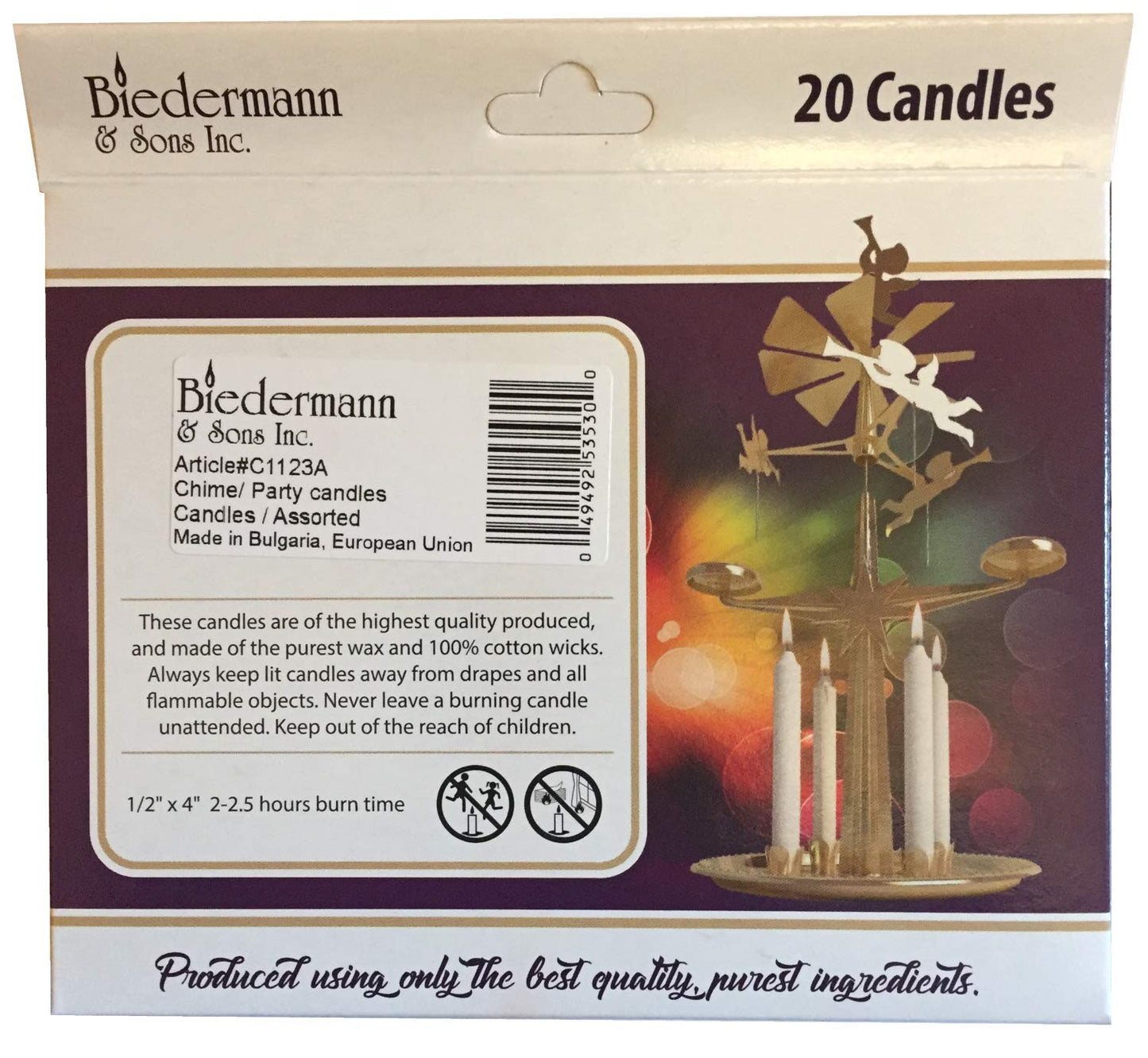Biedermann & Sons Multicolor Chime Candles (Set of 20), Unscented Dripless Tapers, 4 Inch Tall 0.5 Inch Diameter, 2 Hour Burn, Colorful Sticks for Angel Chime Carousels and Chime Holders