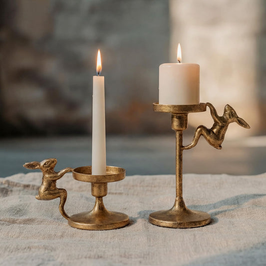 Teecyhooo 2 Pcs Easter Bunny Taper Candle Holder Gold Candlestick Holders Easter Bunny Decorations Vintage Rustic Candlesticks Pedestal Centerpieces Decor for Fireplace Party Mantle Dining Table