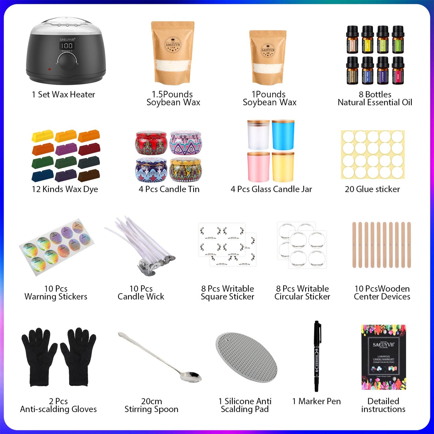 SAEUYVB Candle Making Kit,Candle Making Kit for Adult with Wax Melting Pot,DIY Starter Soy Candle Making Supplies/Kit - Perfect as Home Decorations