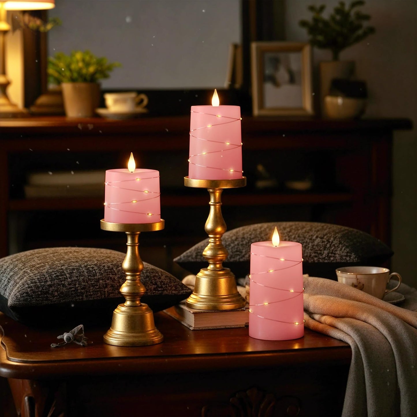 Raycare Easter Pink Flameless Candles with Remote Timer, Flickering Battery Operated LED Pillar Fake Candle with String Lights for Home Decor, Christmas, Wedding and Gift, Set of 3