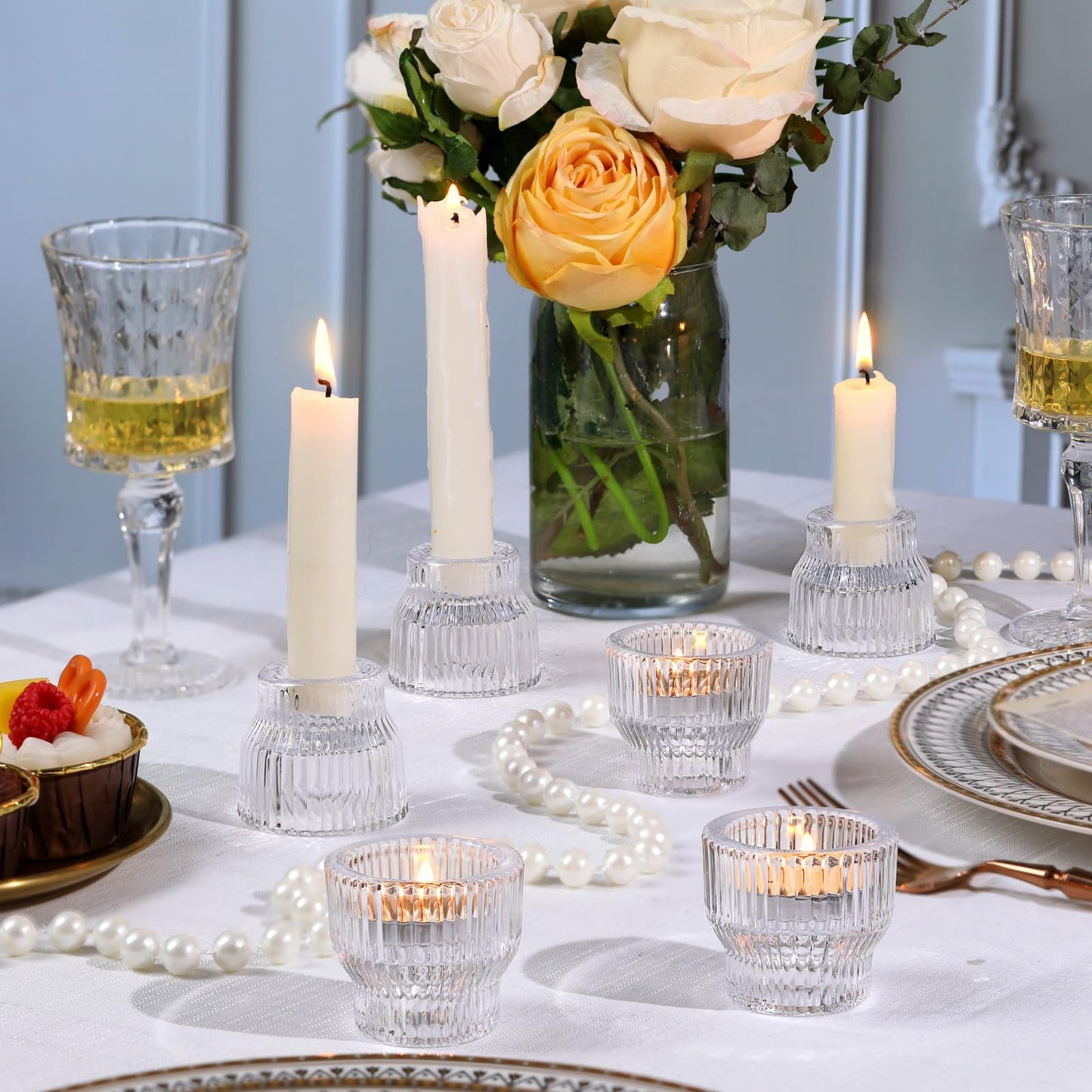 HAVITI 12 Pack Clear Taper Candle Holders, Glass Candlestick Holders, Tea Light Candle Holder for Fall Wedding Centerpieces Table Decorations, Votive Candle Holders for Table Decor