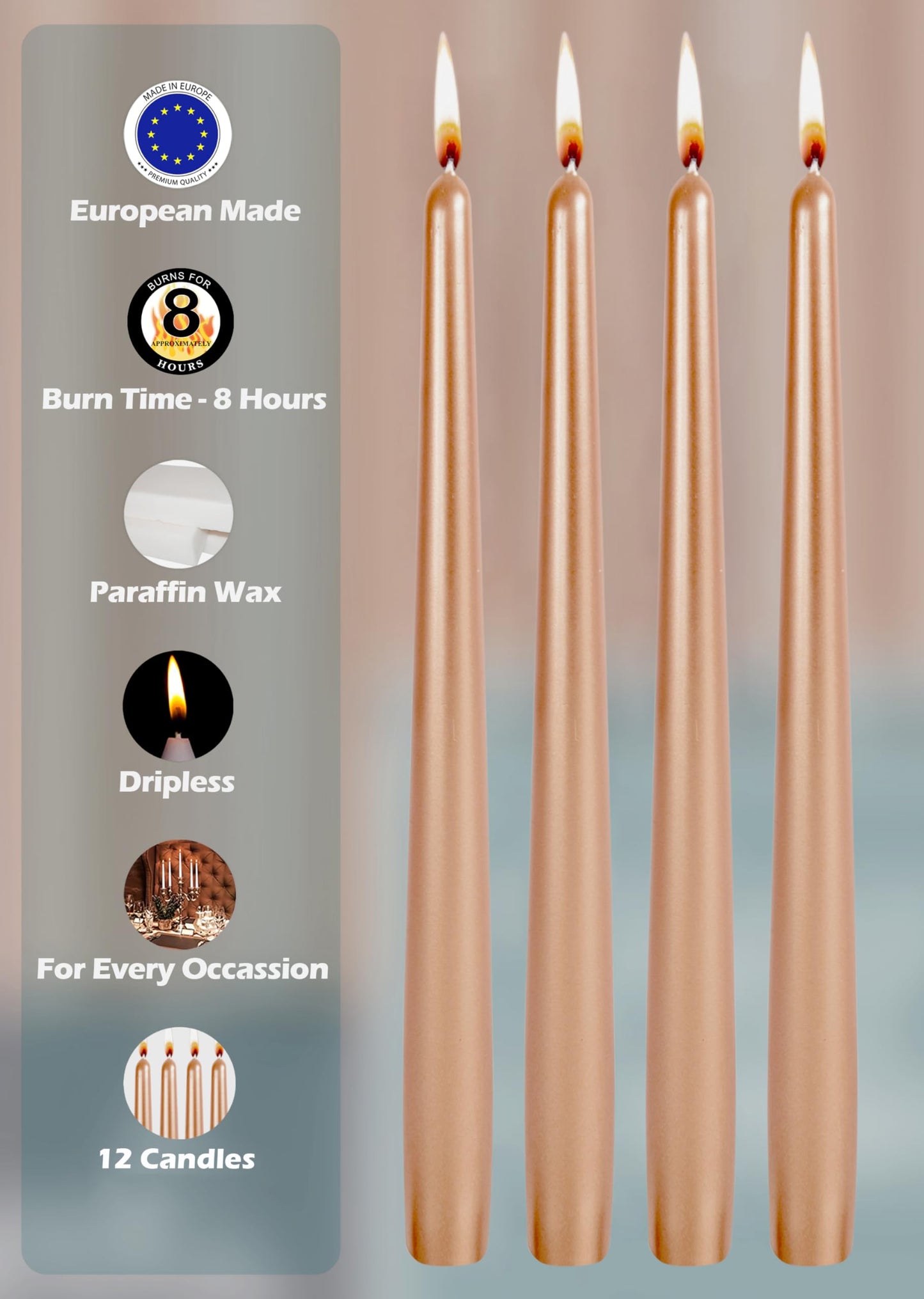 Hyoola 12 Pack Tall Metallic Taper Candles - 10 Inch Copper Metallic, Dripless, Unscented Dinner Candle - Paraffin Wax with Cotton Wicks