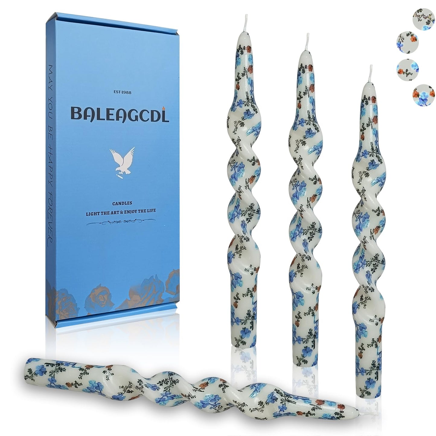 Floral Taper Candle Forget-Me-Not Unscented Spiral Candlesticks Printed Handmade Candles 10 Inch Long Twisted Candle for Home Decor Wedding Holiday Gifts - Set of 4