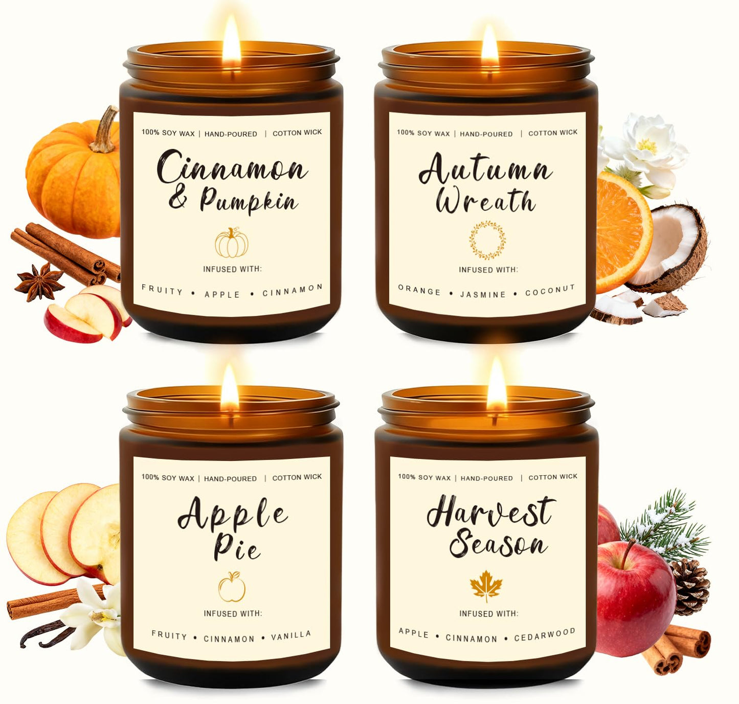 Candles for Home Scented – Cinnamon Pumpkin, Apple Vanilla, Orange Jasmine Coconut, Cedarwood Spice – Long Lasting Soy Candles Set for Home, Birthday & Valentine's Day Gifts for Women