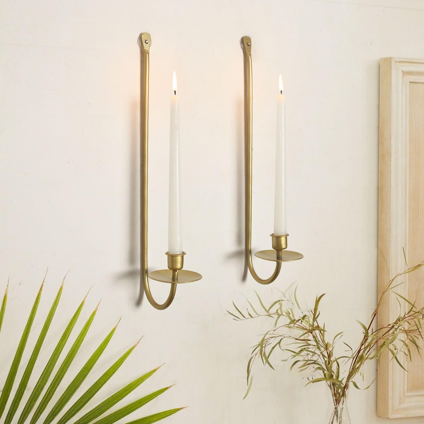 Remenna Wall Candle Holders Set of 2 Handcrafted Wrought Iron Sconces with Gold Finish, Easy to Install Modern Candle Holders for Living Room, Bedroom, Hallway, Wedding or Holiday Decor