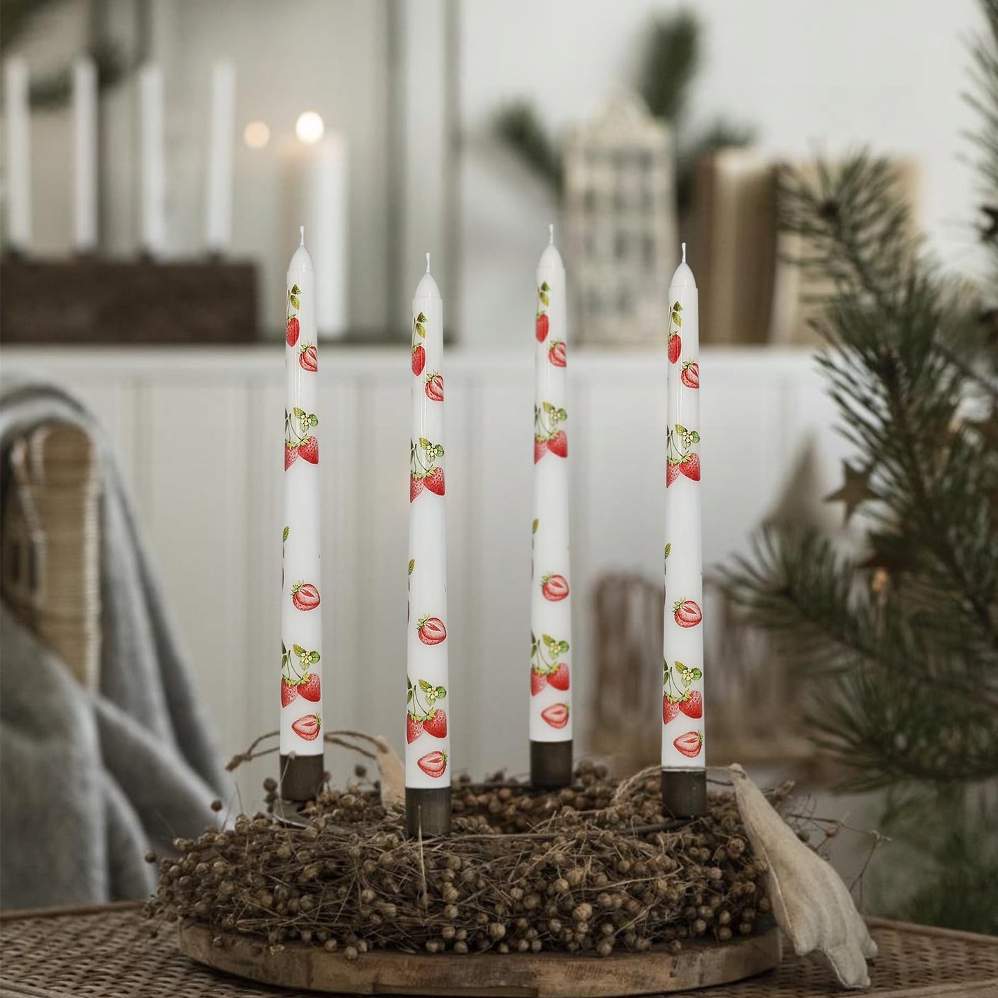 Printed Taper Candle - Baleagcdl White with Strawberry Prints Candlesticks Handmade Long Tapered Candles 10 Inch Drip Candle for Decor Gifts Set of 2