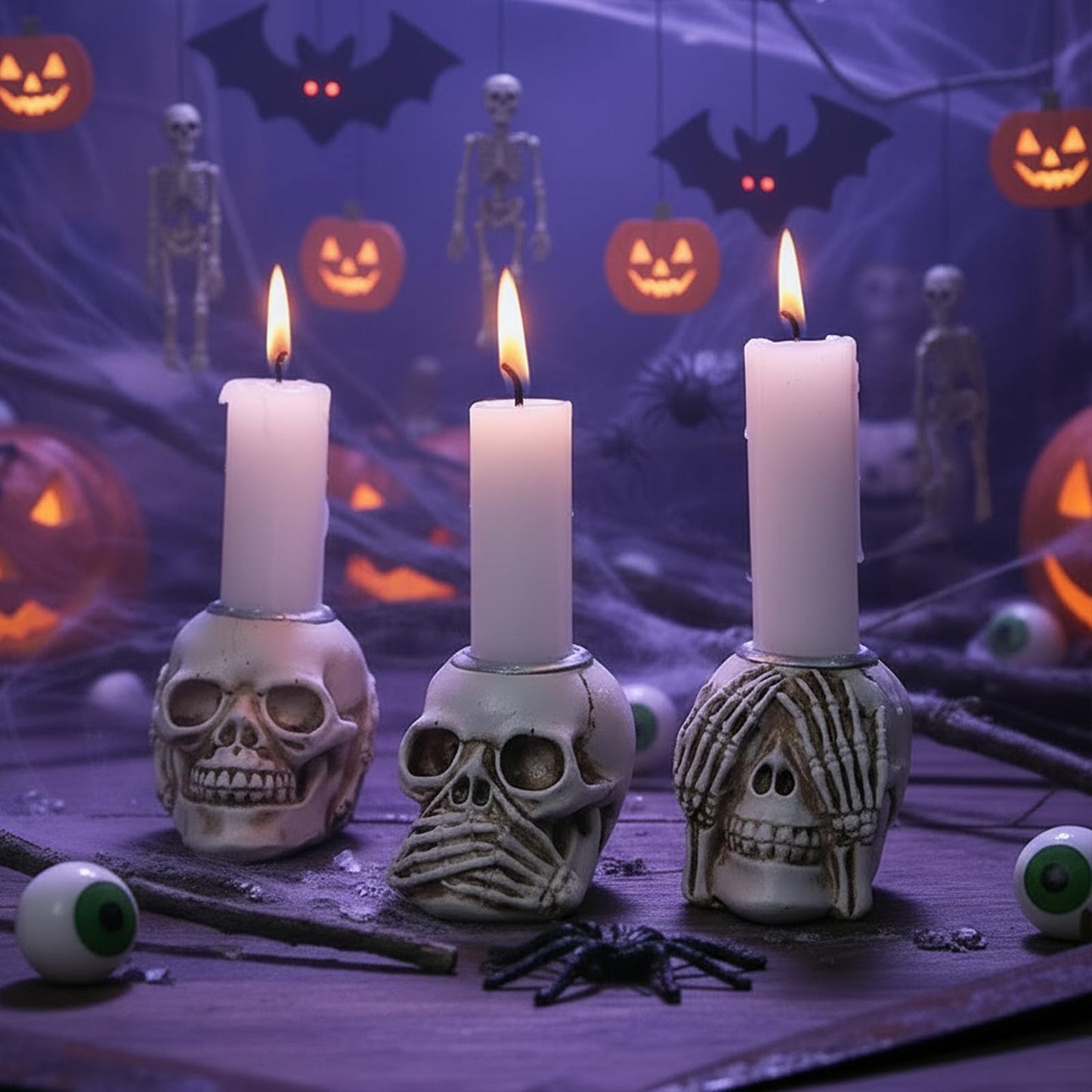Helloween Skull Candle Holder Set of 3 Skeleton Head Candlestick Holders,Resin Skull Decor for Home Tabletop Spooky Theme Party Decor Supplies