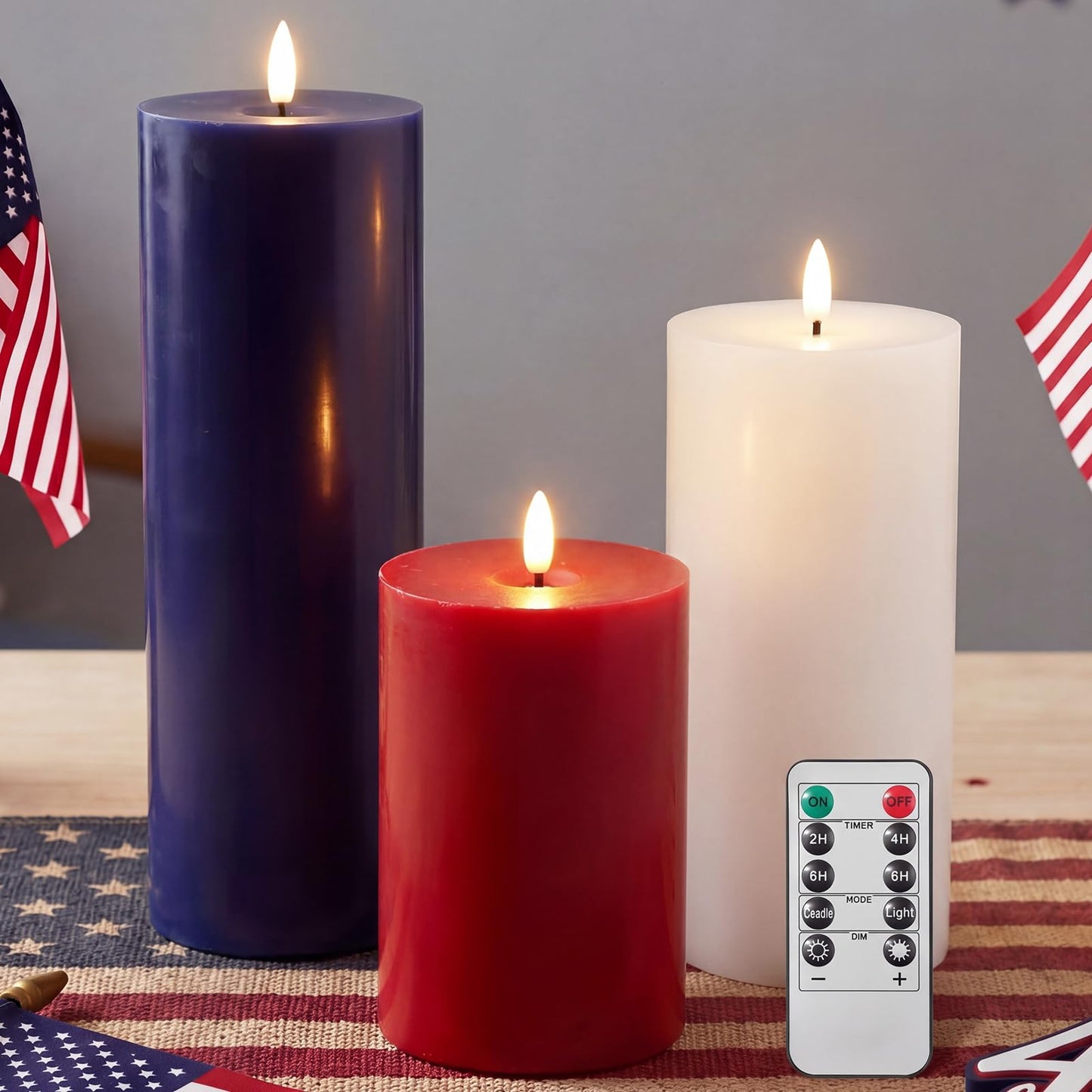 Retisee 3 Pcs 250th Anniversary Large Flameless LED Candles with Remot & Timer, 4th of July Red White Blue Battery Operated Wax Pillar Candles for USA American Patriotic Party Decorations