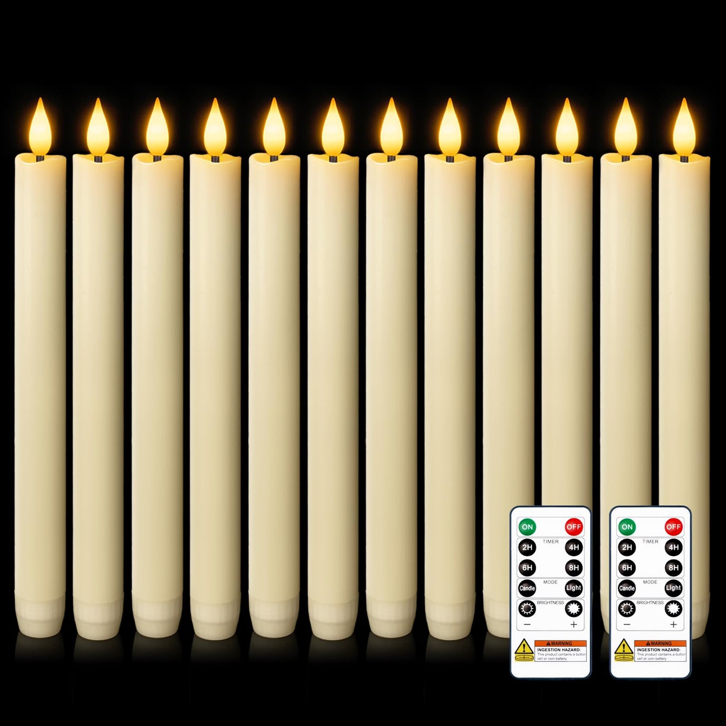 Homemory 12 Pcs Waxy Flameless Taper Candles with Remote, Flickering Battery Operated Taper Candles, Led Flameless Candlesticks Classic Tall Candle for Home, Wedding, Party, Ivory, 9.6 inches