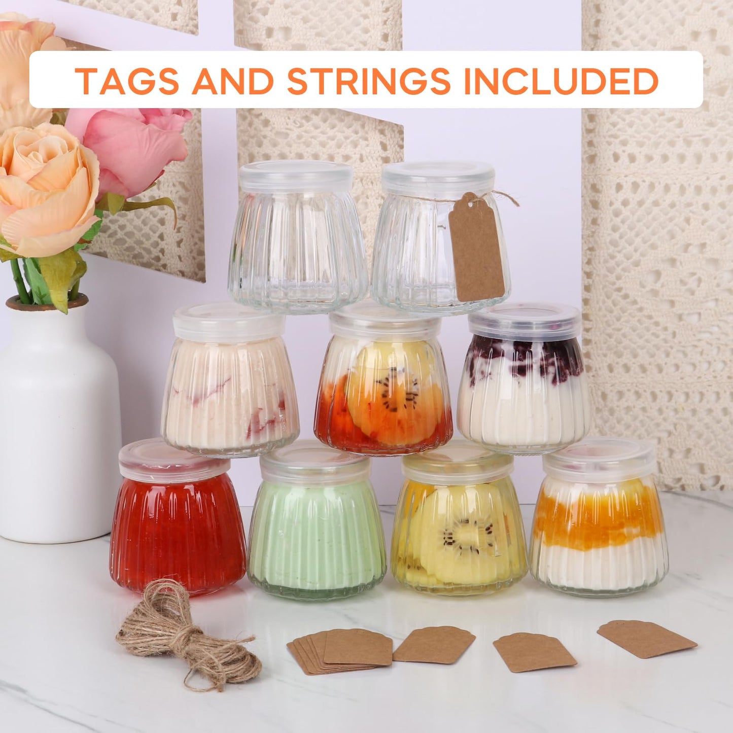 4oz Small Glass Jars 40Pack, Clear Glass Pudding Jars with PE Lids and Tags, Spice Jars/Glass Jelly Jars/Yogurt Jars/Small Jars with Lids (Set of 40)