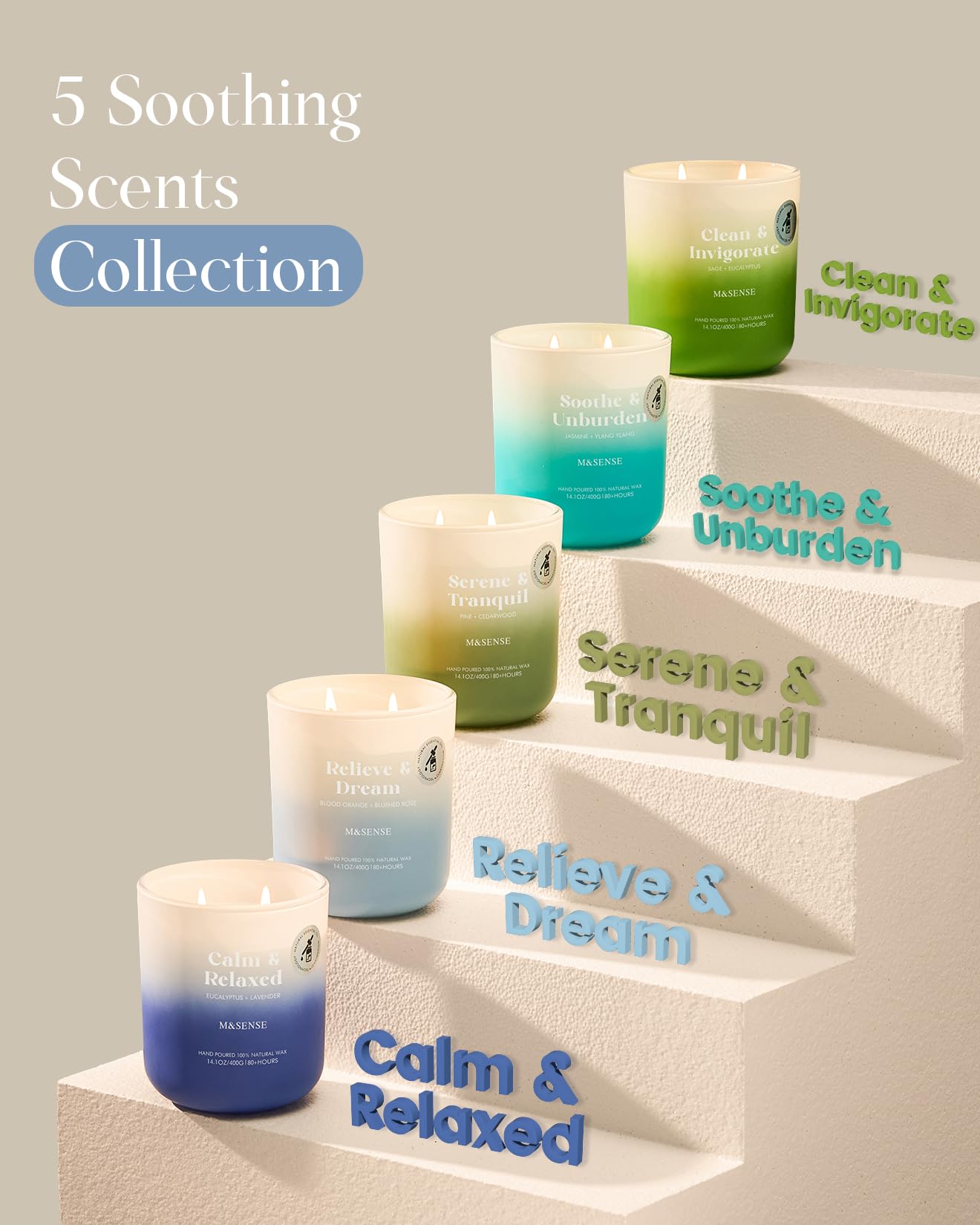 M&SENSE Sage Eucalyptus Scented Candle for Home, 14.1oz 80-Hour Non Toxic Long-Lasting Natural Soy Wax Fragrance, 2 Wick Summer Scented Aromatherapy Candle for Relaxing Stress Relief Meditation Yoga