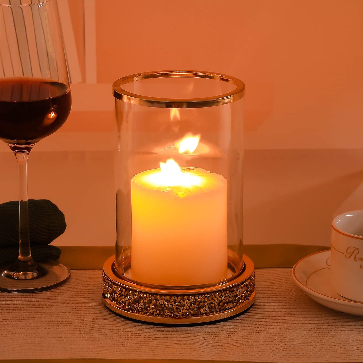 Pillar Candle Holders Set of 2,Hurricane Candle Holders,Candlesticks Holder With Glass Hurricane Lid,Metal Candle Holder For Coffee Dining Table, Wedding, Christmas, Home Decoration,Gold Candle Holder
