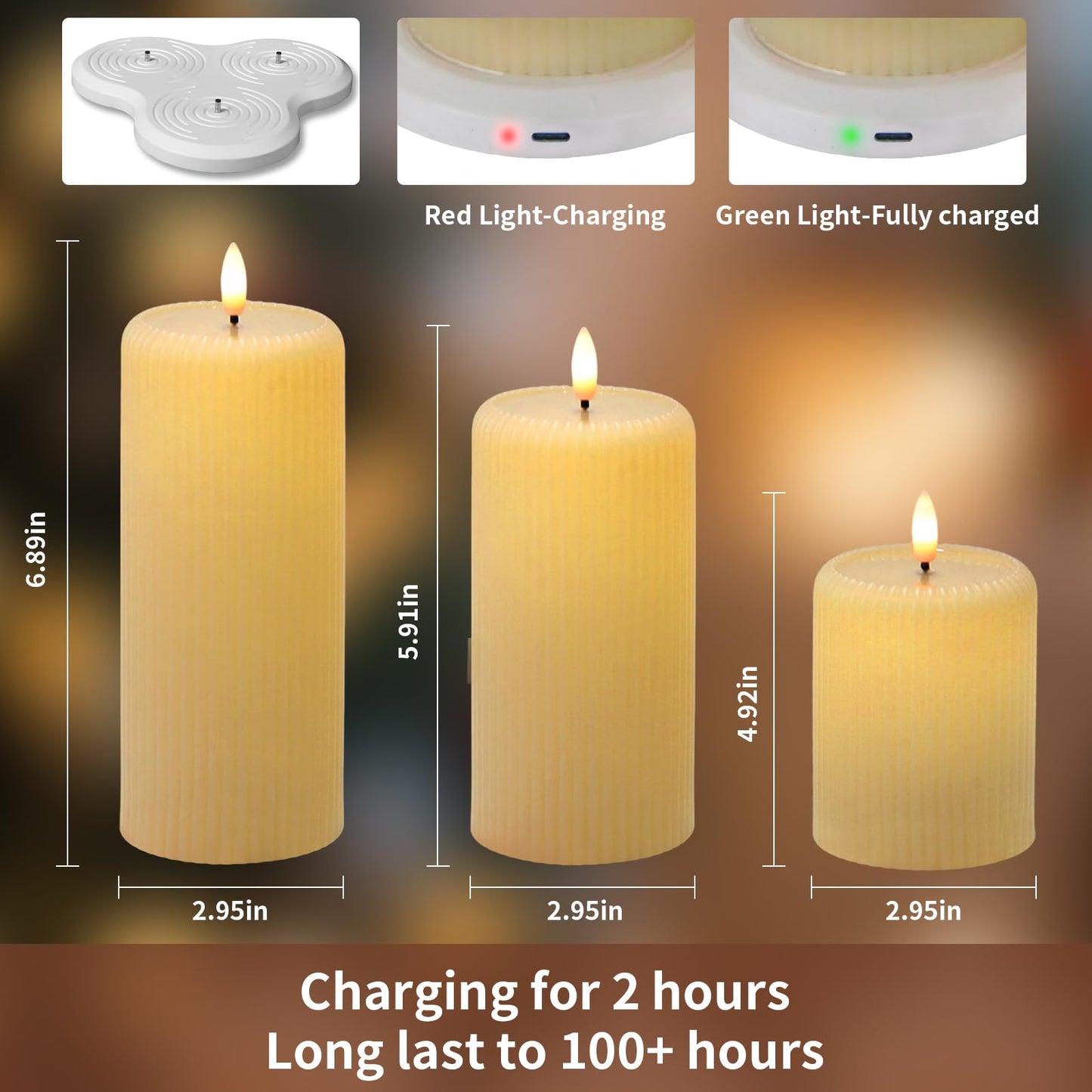 Rechargeable Candles with Remote Timer, 3 Pack LED Pillar Candles with USB Charging Base, Electric Fake Votive Candles for Wedding, Table, Halloween, Christmas Decorations (Set of 3, D3” x H4”5”6”)