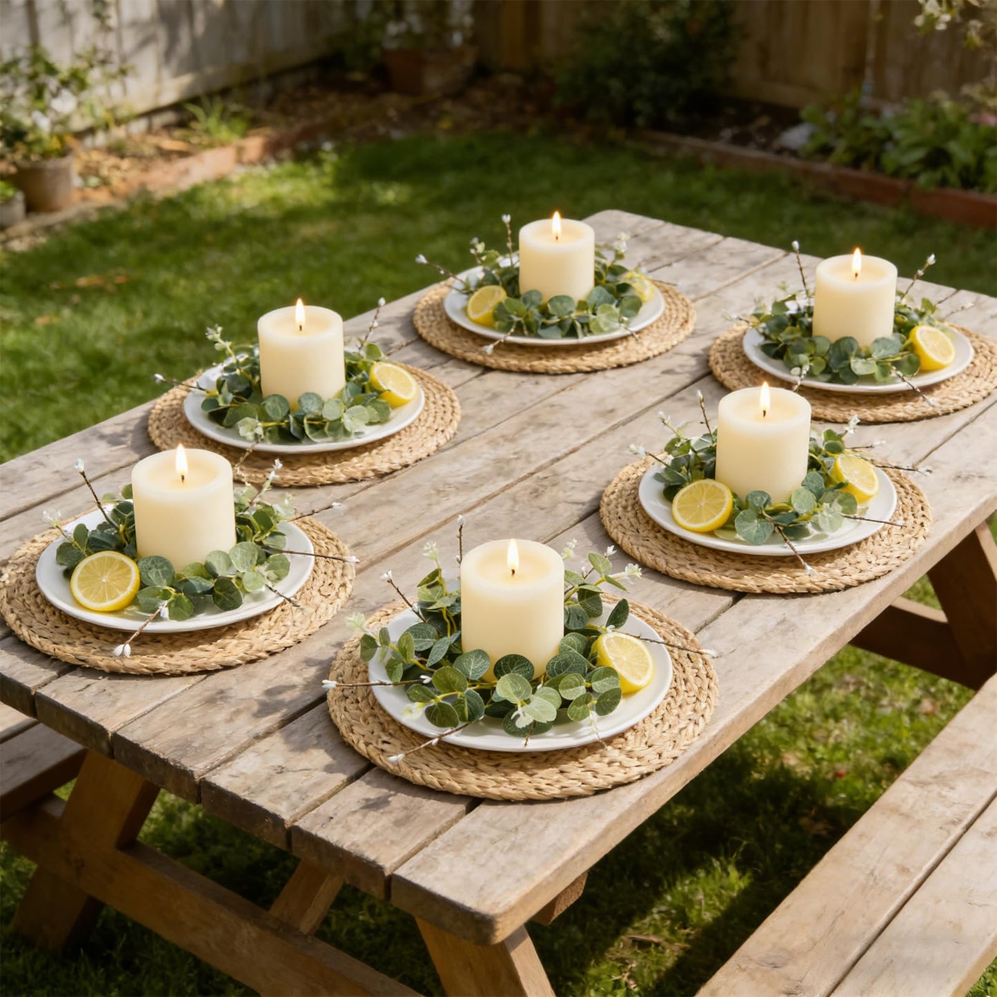 6 Pcs Small Spring Summer Candle Ring Wreaths with Artificial Eucalyptus Greenery White Buds Branches Mini Pillar Candle Holder Wreath for Home Table Centerpieces Kitchen Wedding Farmhouse Party Decor
