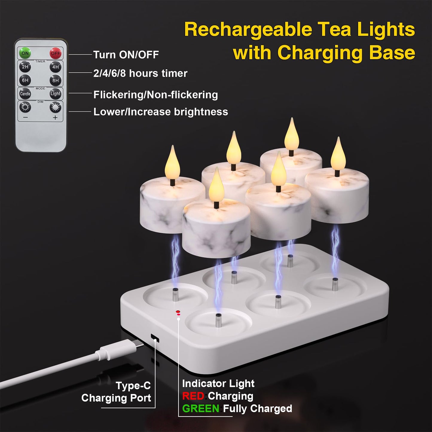 Flameless Tea Lights Candles with Charging Station,White Marble Pattern,LED Tea Lights Candles with Remote Control Timer for Valentine's Day,Centerpiece Table Decorations,Anniversary,Home Decor,6-Pack