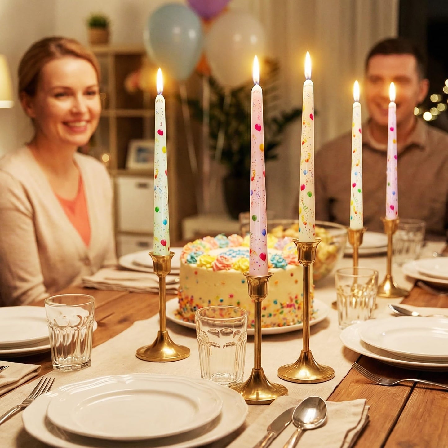 FYBW 10 Inch Decorative Taper Candles, 4 Pack Birthday Balloon Print Candlesticks, Unscented Dripless Candles with Long Burn Time for Party, Holiday Table & Home Decor