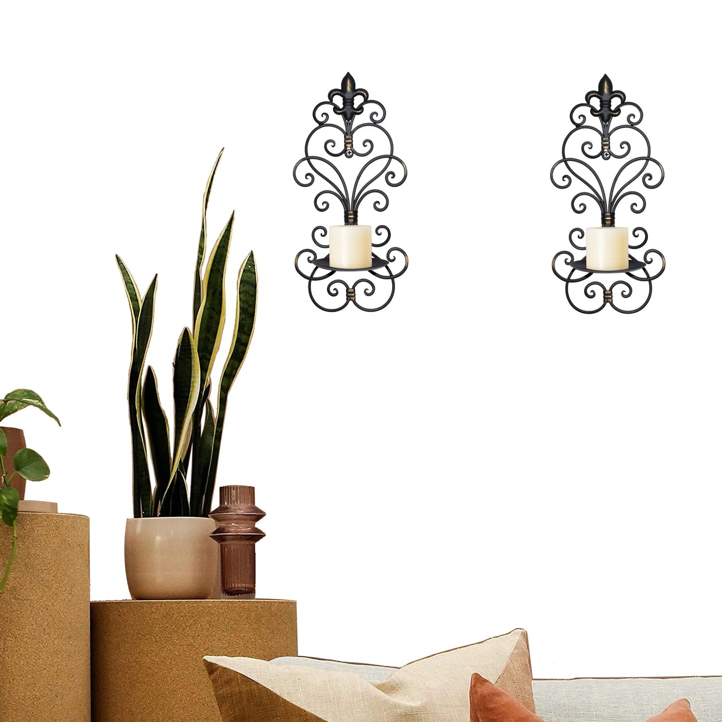 JUCONSIN Wall Sconces Candle Holder Set of 2, Metal Wall Decorations Hanging Wall Mounted Candle Sconces for Living Room Dining Room, Black with Gold (Black with Gold)