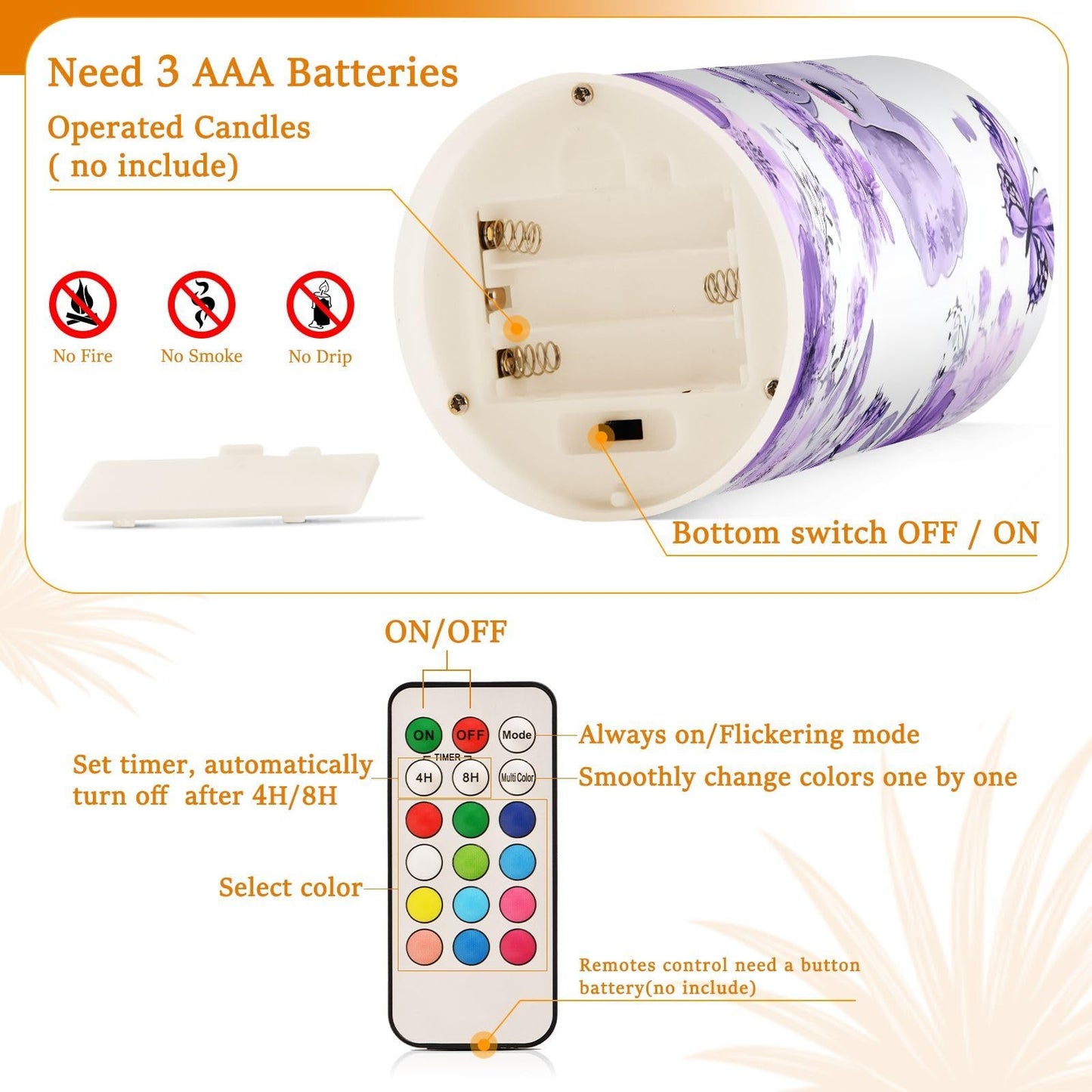 WEVIBOFU Purple Elephant Butterfly Flower Flickering Flameless Candles LED Battery Operated with Remote Timer Pillar Candles for Home Birthday Wedding Christmas Decor, Set of 2