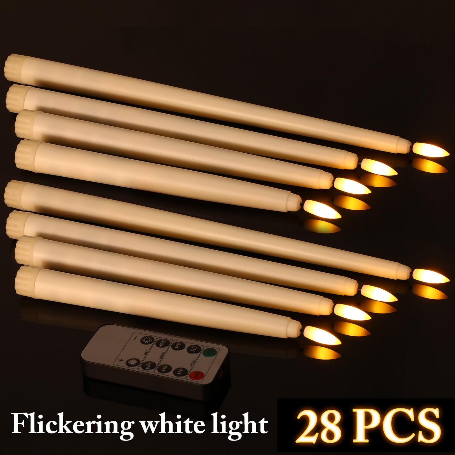 Rossesay 28 Pcs Flameless Taper Candles with Timer Remote 4 Sizes of 8.5", 9.6", 10.83", 12.8" LED Flickering Taper Candles Battery Operated for Valentine's Day Church Wedding Home Decor(Warm White)