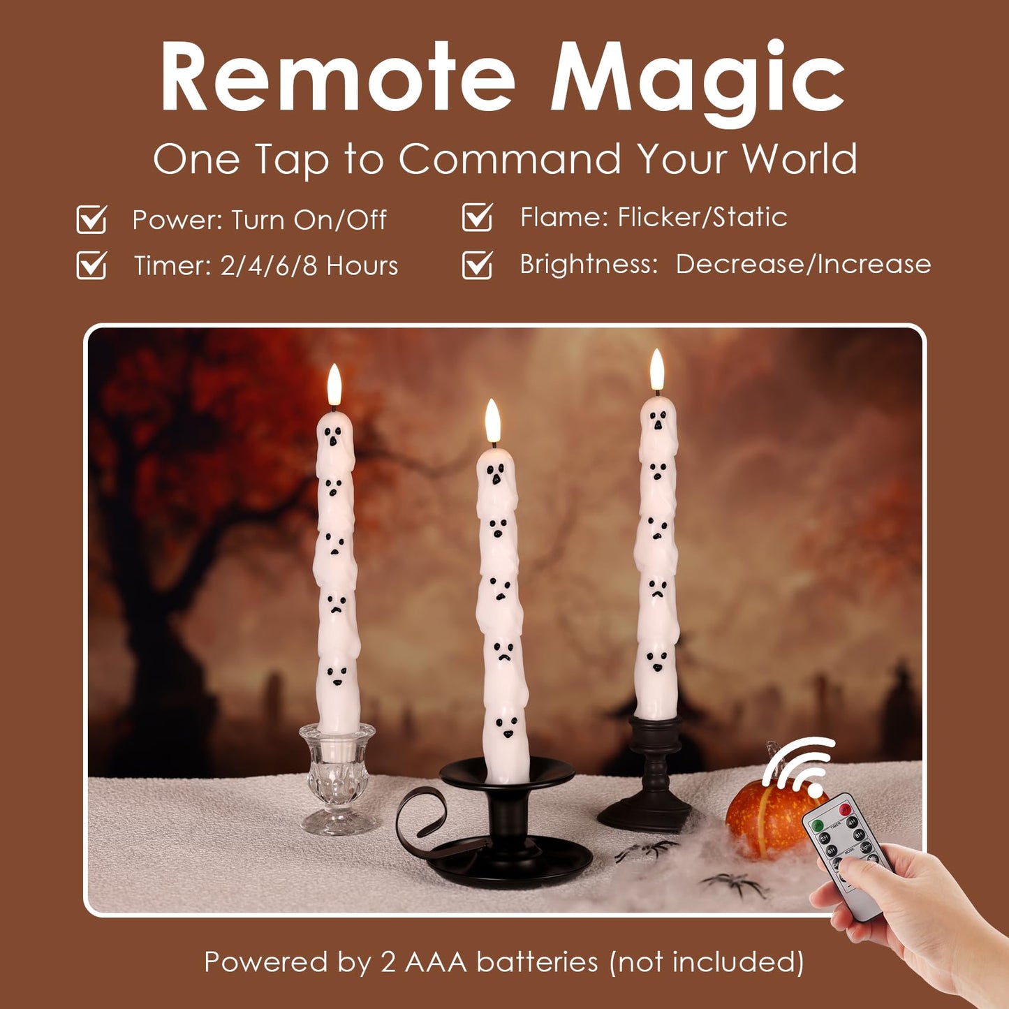 Girimax White Ghost Halloween Flameless Taper Candles with Remote, Spooky LED Wax Candlesticks Battery Operated Flickering, Set of 4