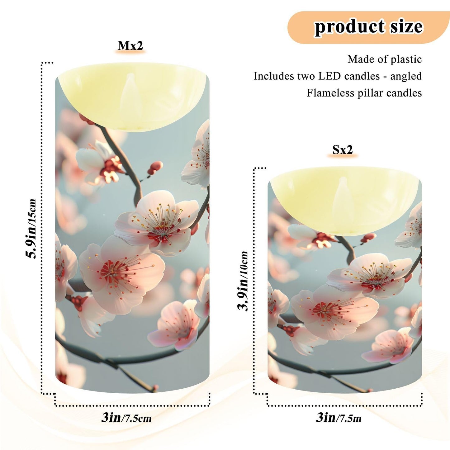 ALAZA Spring Pink White Flower Branches Flickering Flameless Candles Battery Operated with Remote Timer,Tea Light Candles LED Pillar Votive Set of 2 for Outdoor Indoor Decorations 3" x3.9"