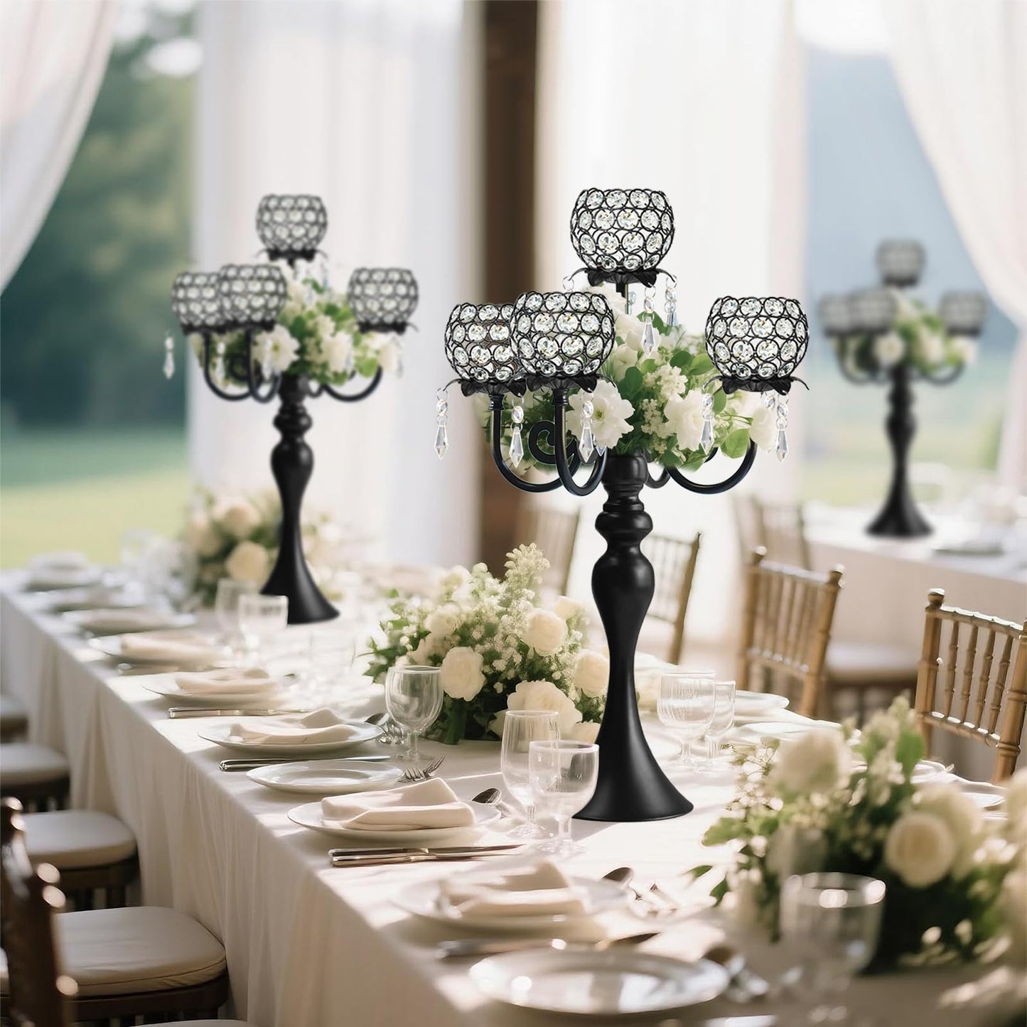 kolnlala 22.5 Inch Black 5-Arm Tea Light Crystal Candle Holder/Candlestick, Exquisite and Gorgeous Crystal Candelabra Table Centerpiece for Wedding/Holiday Events, Parties & Home Decor