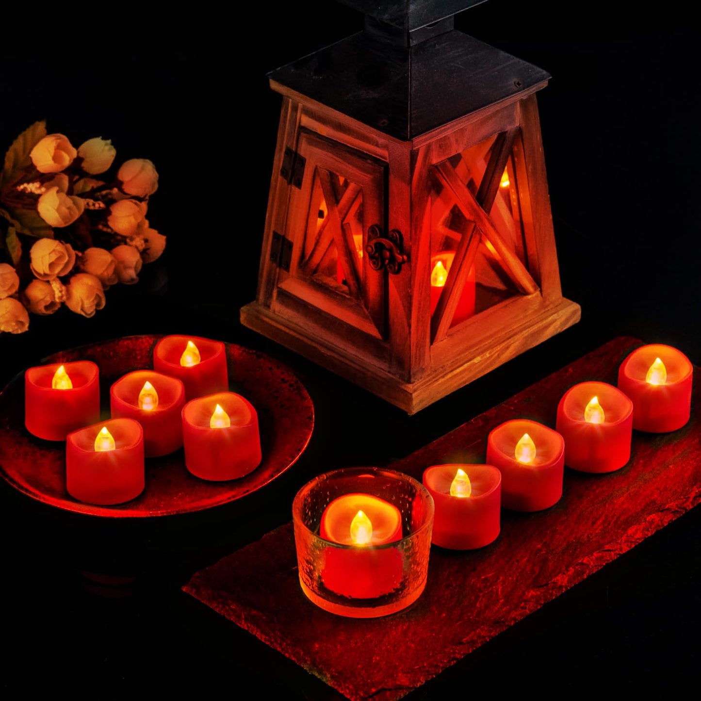 Windshell Red Flickering Flame Tealight Candles with Auto 6H Timer (No Remote), Battery Operated LED Flameless Tea Lights for Wedding Party Christmas, 12 Pack