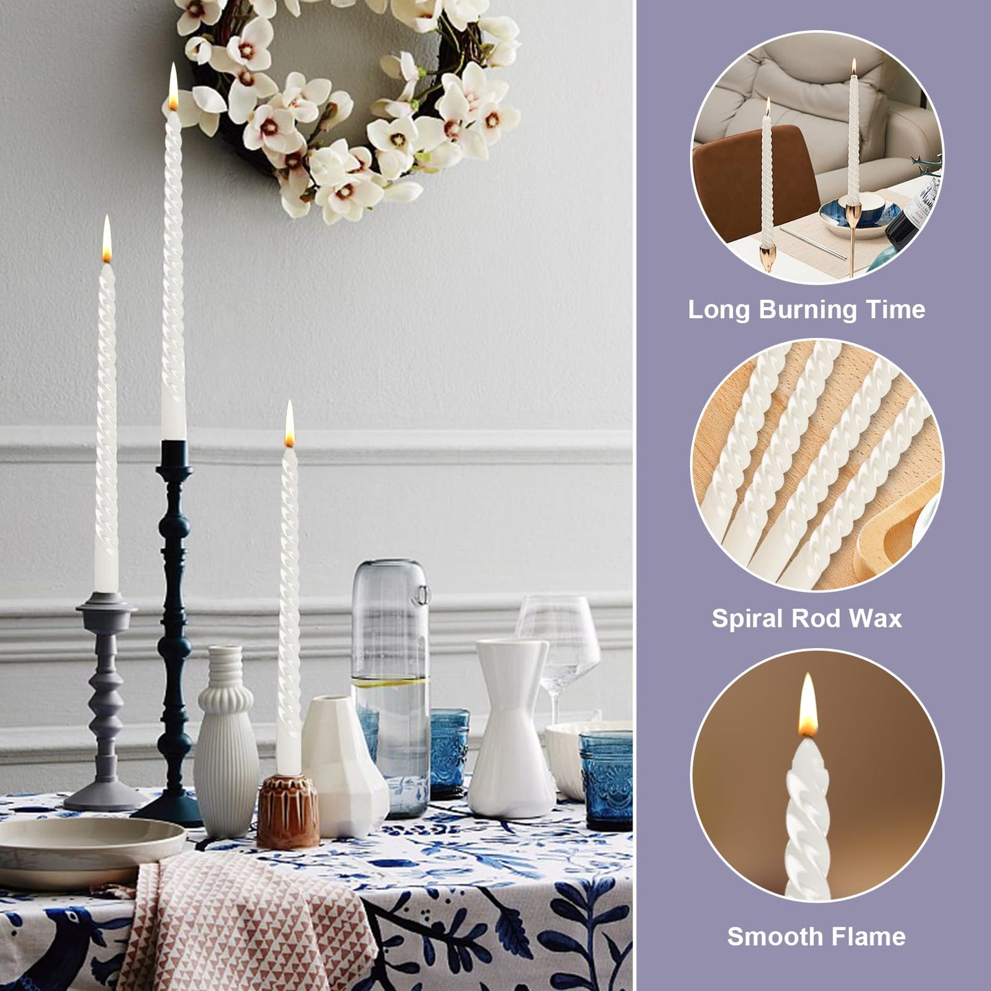 Loccmat 12 Pcs Spiral Taper Candles,s,10 Inch Unscented Tapered Candles Dripless Spiral Candlesticks,Long Candle Sticks White Taper Candles,White Twisted Candles for Dinner,Wedding,Party,Home Decor