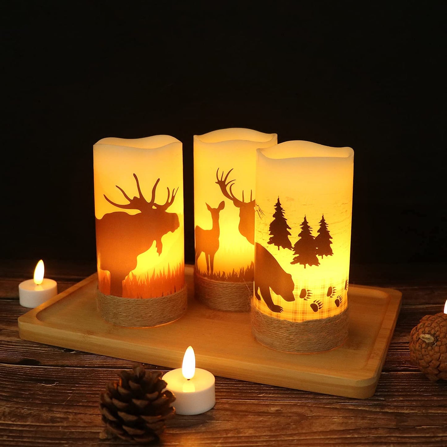 Eldnacele Flameless Flickering Candles Deer, Moose, Bear Decal with Hemp Rope and 6H Timer, Battery Operated LED Pillar Candles Real Wax Home Décor Christmas and Gift Set of 3