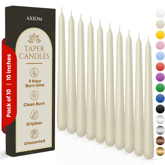 Axiom Candles - 10 Inch Dripless - Ivory Taper Candle Smokeless Tall Candle Sticks - 9 Hour Burn Time - Tapered Candles for Home, Dinners, Weddings, Parties (Unscented Pack of 10)