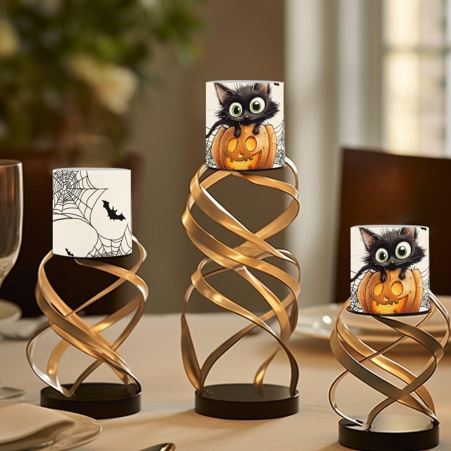 Merkmak Pack of 4 Halloween Flameless Candles with Remote Battery Operated Candles with Timer Flickering LED Elictric Pillar Tealights for Indoor Outdoor Home Decor, Spider Web Black Cat Bat