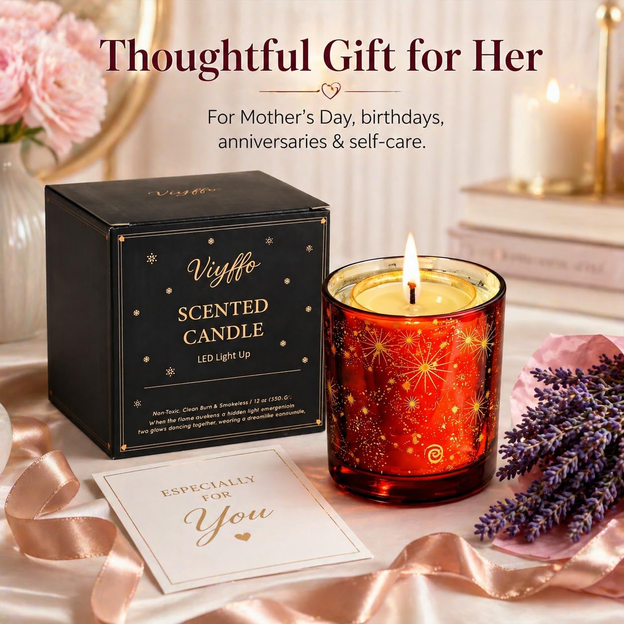 Viyffo 12oz LED Light Up Scented Candle, Lavender & Eucalyptus Soy Candle, Decorative Red Glass Jar Candle, Non Toxic Home Fragrance Candle, Gift for Women, Bedroom, Bathroom & Living Room