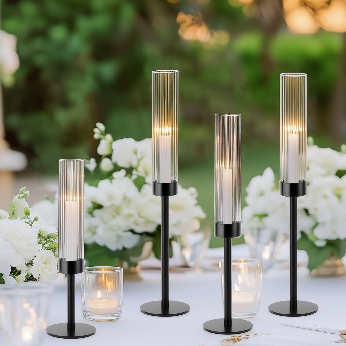 Black Hurricane Candle Holders, Set of 6 Glass Taper Candlestick Holders Metal Candle Stands Bulk with Ribbed Glass Cover for Dining Tables Wedding Candelabra Centerpieces Decor