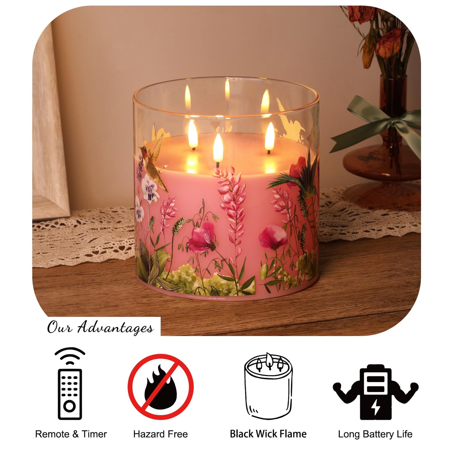 Girimax 3 Wick Pink Hummingbird Glass Flameless Candle with Remote, Large 6x6 inch LED Pillar Candle Battery Operated Flickering Spring Home Decor Gift