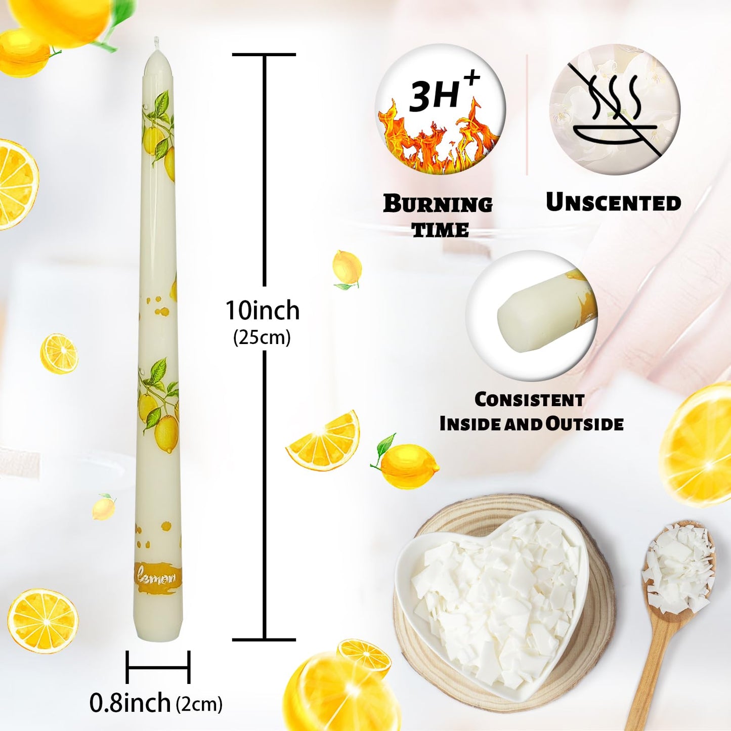Floral Taper Candles 10 Inch Tall Unscented Handmade Beige Lemon Print Long Burning Elegant Candlesticks for Wedding Dinner Home Decor